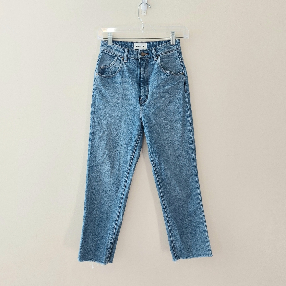 Rolla's Dusters High Rise Slim Raw Hem Crop Jeans Light Indigo Wash Size 26